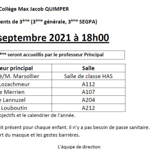 organisation réunion parents 3e - 23 septembre 2021